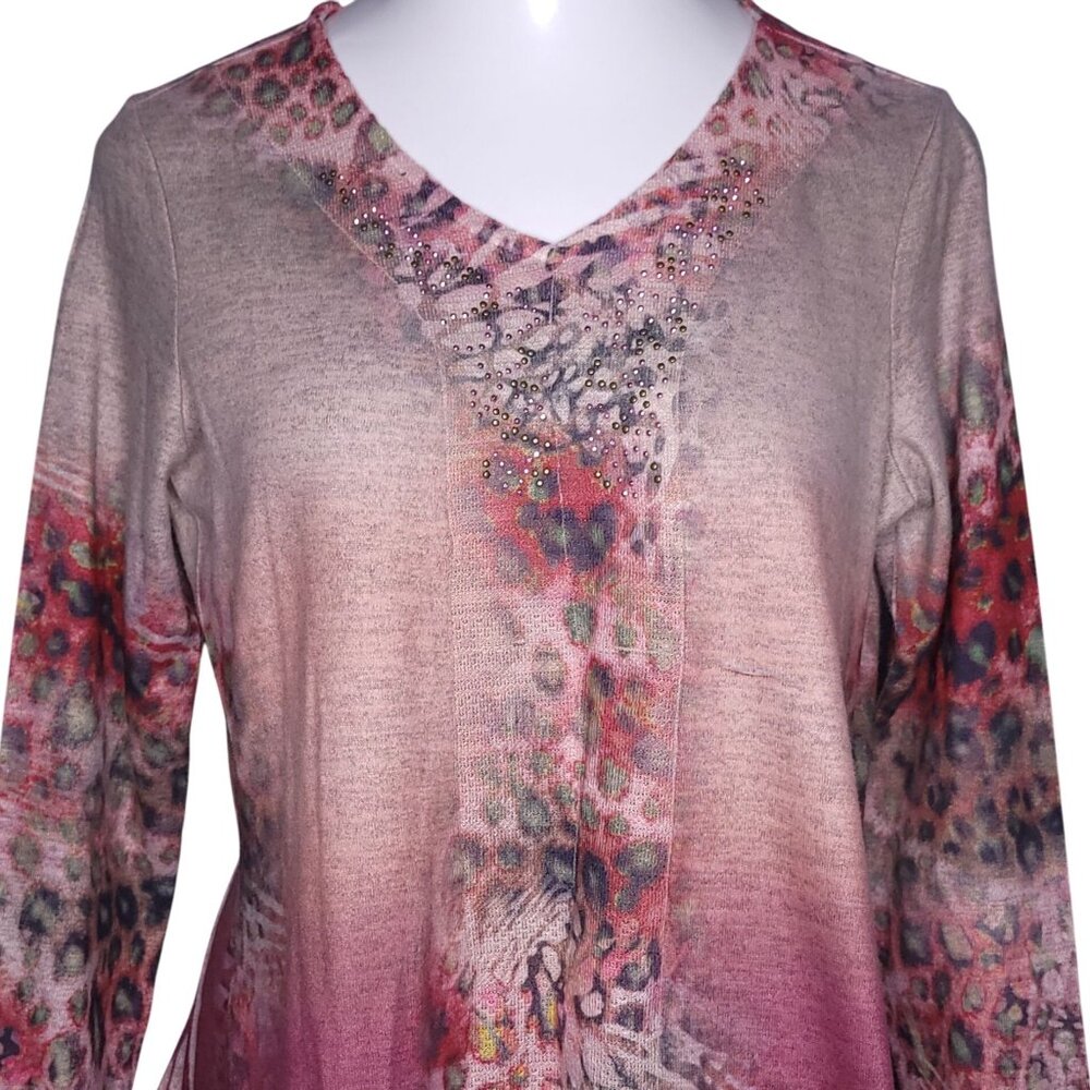 One World Womens Tunic Top M V-Neck Rhinestone Long Sleeve Multicolor